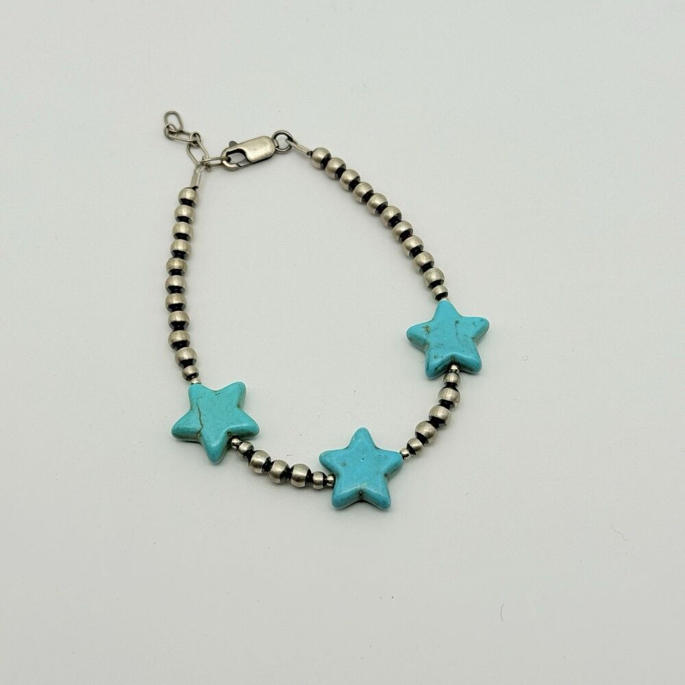 Sterling Silver Beaded Bracelet With Turquoise Stars 7” With 1” Extender